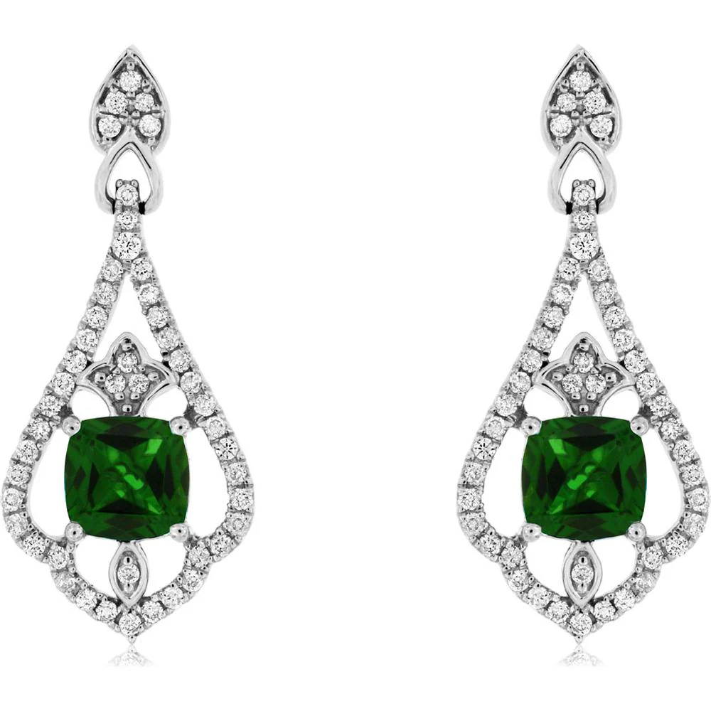 14K White Gold Vintage-Inspired Drop Earrings with Cushion Cut Russalite and Round Diamond Accents - 1.20 Carat Total Russalite Weight, 0.38 Carat Total Diamond Weight - Royal Jewelry