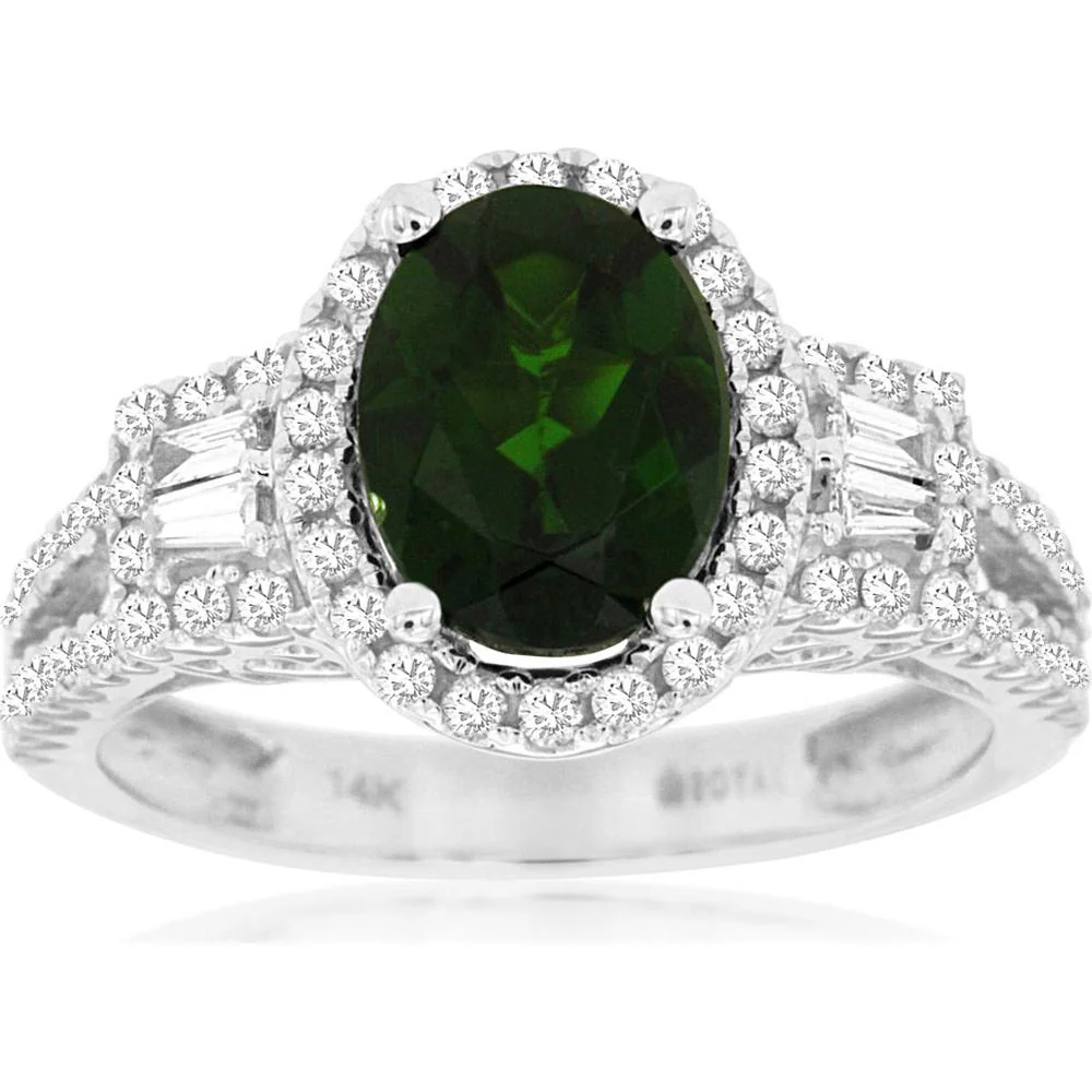 14K White Gold Vintage-Inspired Oval Russalite and Diamond Halo Ring with Baguette and Round Accents - 2.00 Carat Russalite, 0.58 Carat Total Diamond Weight - Royal Jewelry