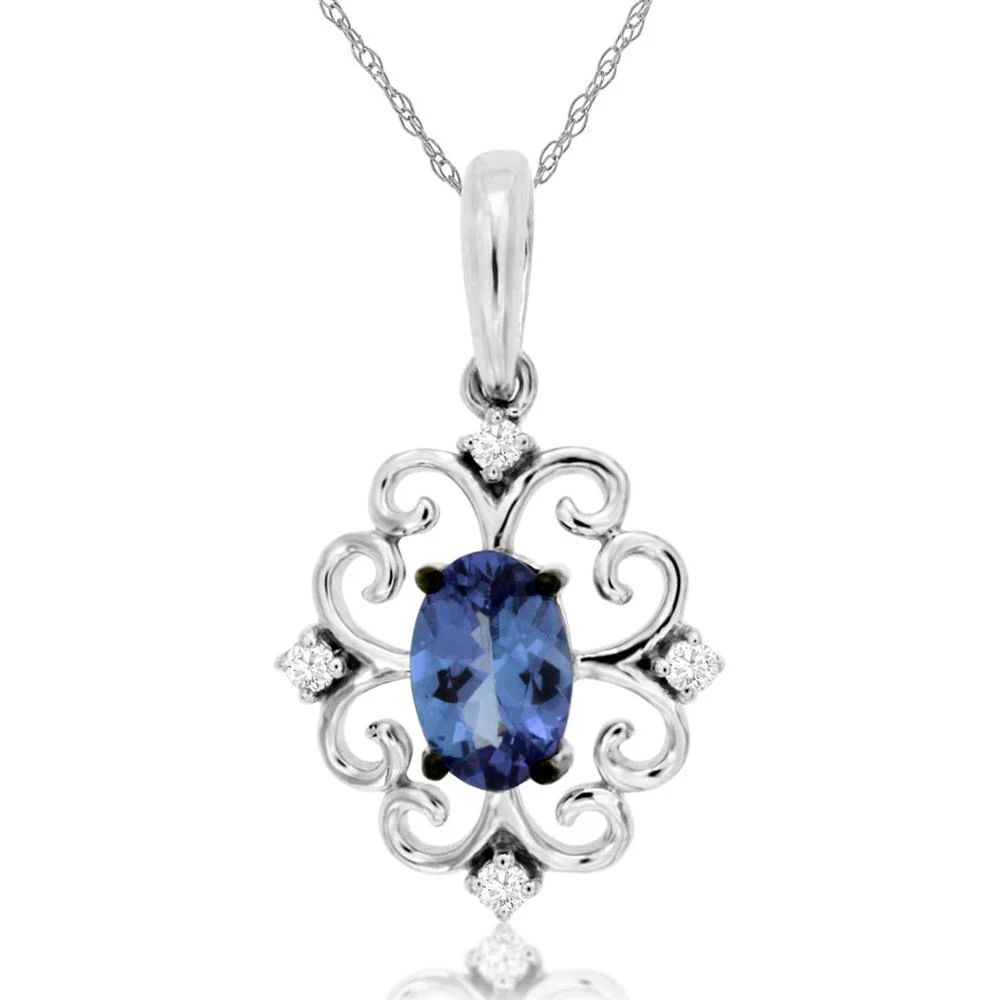 14K White Gold Vintage-Inspired Pendant with 0.50 Carat Oval Tanzanite and 0.04 Carat Diamond Accents - Royal Jewelry