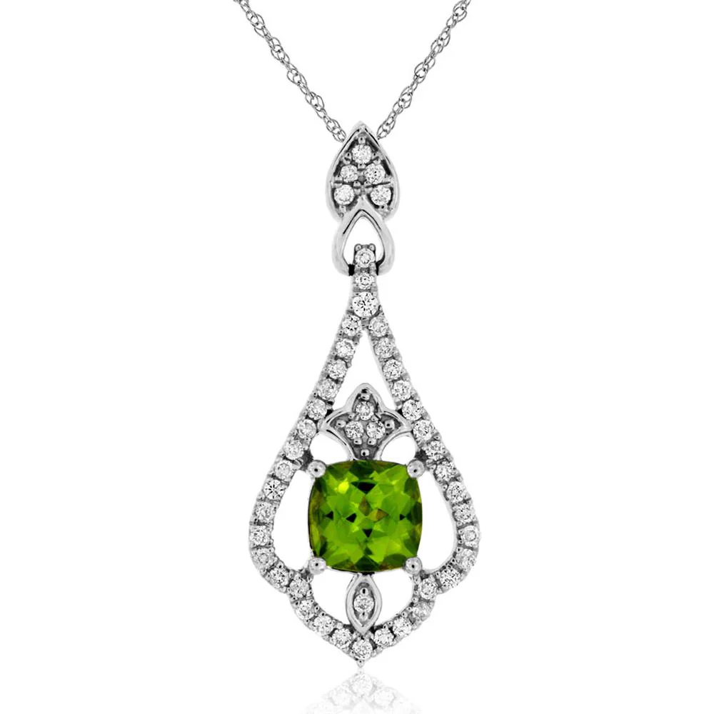 14K White Gold Vintage-Inspired Pendant with 1.00 Carat Cushion Cut Peridot and 0.29 Carat Diamond Halo - Royal Jewelry