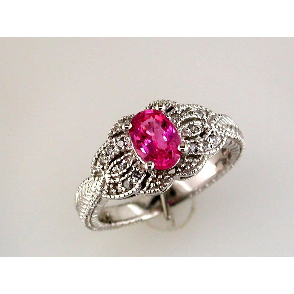 14K White Gold Vintage-Inspired Pink Sapphire & Diamond Ring with Milgrain Detail - 0.95 Carat Oval Pink Sapphire and 0.14 Carat Round Diamonds - Royal Jewelry