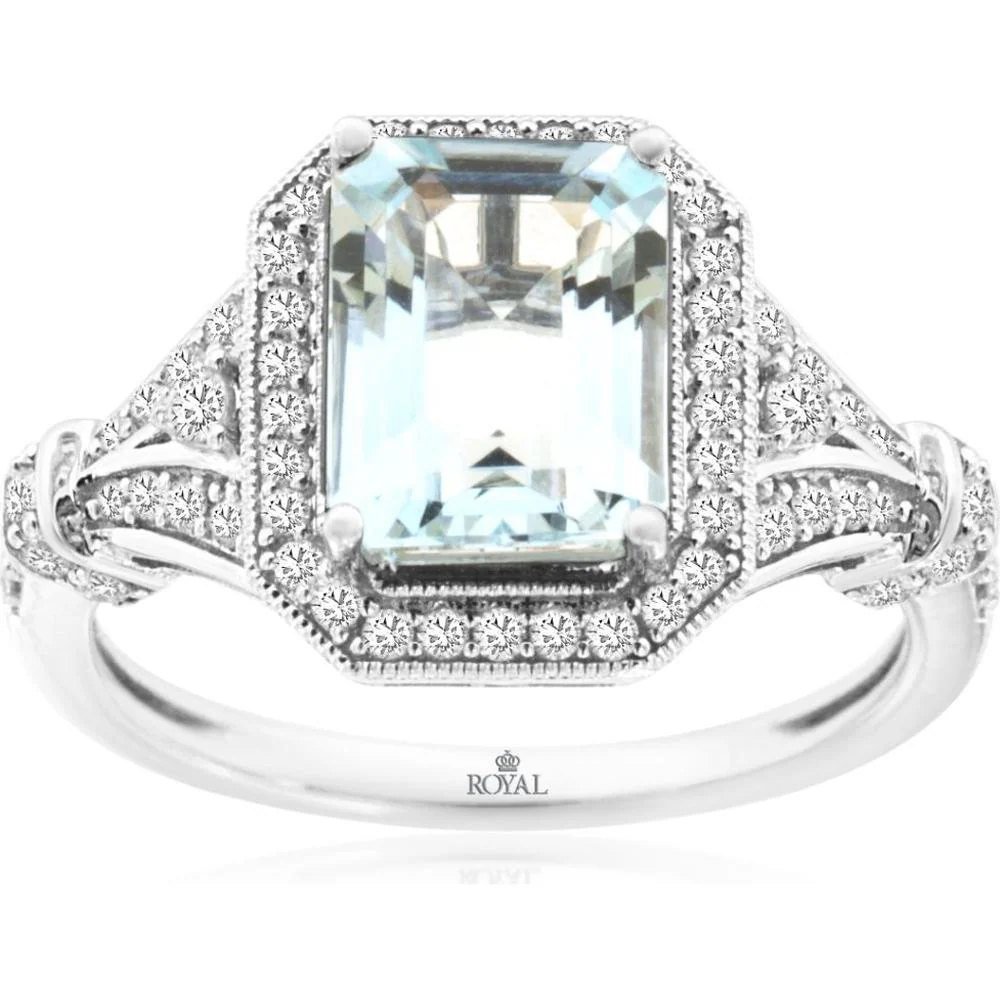 14K White Gold Vintage-Inspired Split Shank Ring with Emerald Cut 2.00 Carat Aquamarine and 0.40 Carat Diamond Halo - Royal Jewelry