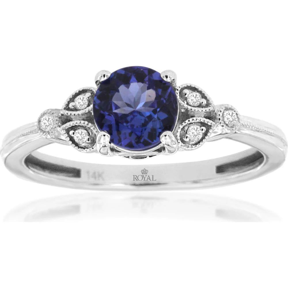 14K White Gold Vintage Milgrain Ring with 1.00 Carat Round Tanzanite and 0.05 Carat Diamond Accents - Royal Jewelry