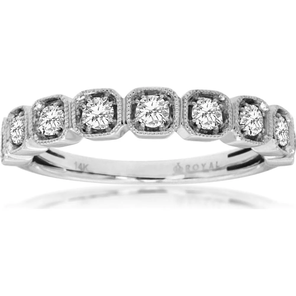 14K White Gold Vintage Milgrain Wedding Band with Seven Round Brilliant Cut Diamonds - 0.50 Carat Total Diamond Weight - Royal Jewelry