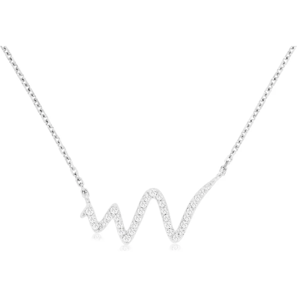 14K White Gold Wave Motif Necklace with Round Diamond Accents - 0.15 Carat Total Diamond Weight - Royal Jewelry