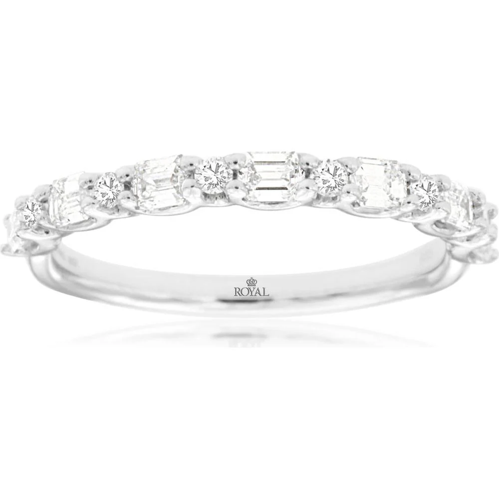14K White Gold Wedding Band with Alternating Round and Baguette Diamonds - 0.70 Carat Total Diamond Weight - Royal Jewelry