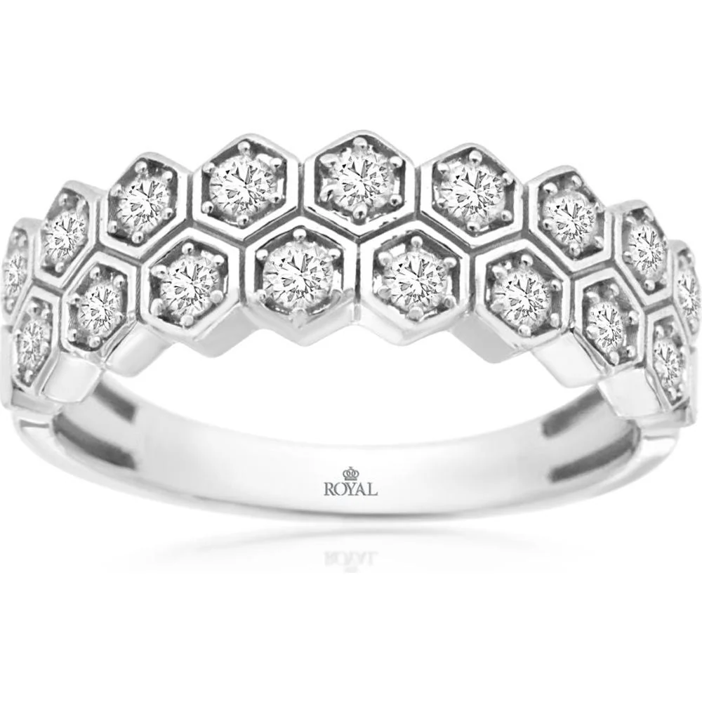 14K White Gold Wedding Band with Hexagon-Framed Round Diamonds - 0.25 Carat Total Diamond Weight - Royal Jewelry