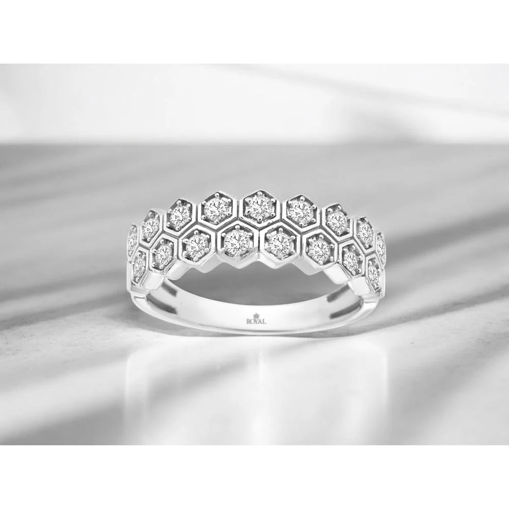 14K White Gold Wedding Band with Hexagon-Framed Round Diamonds - 0.25 Carat Total Diamond Weight - Royal Jewelry - Image 2