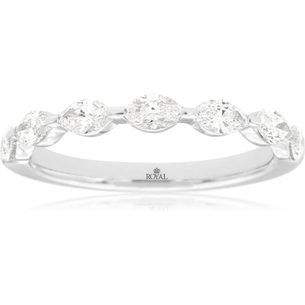 14K White Gold Wedding Band with Marquise Shaped Diamonds - 0.75 Carat Total Diamond Weight - Royal Jewelry