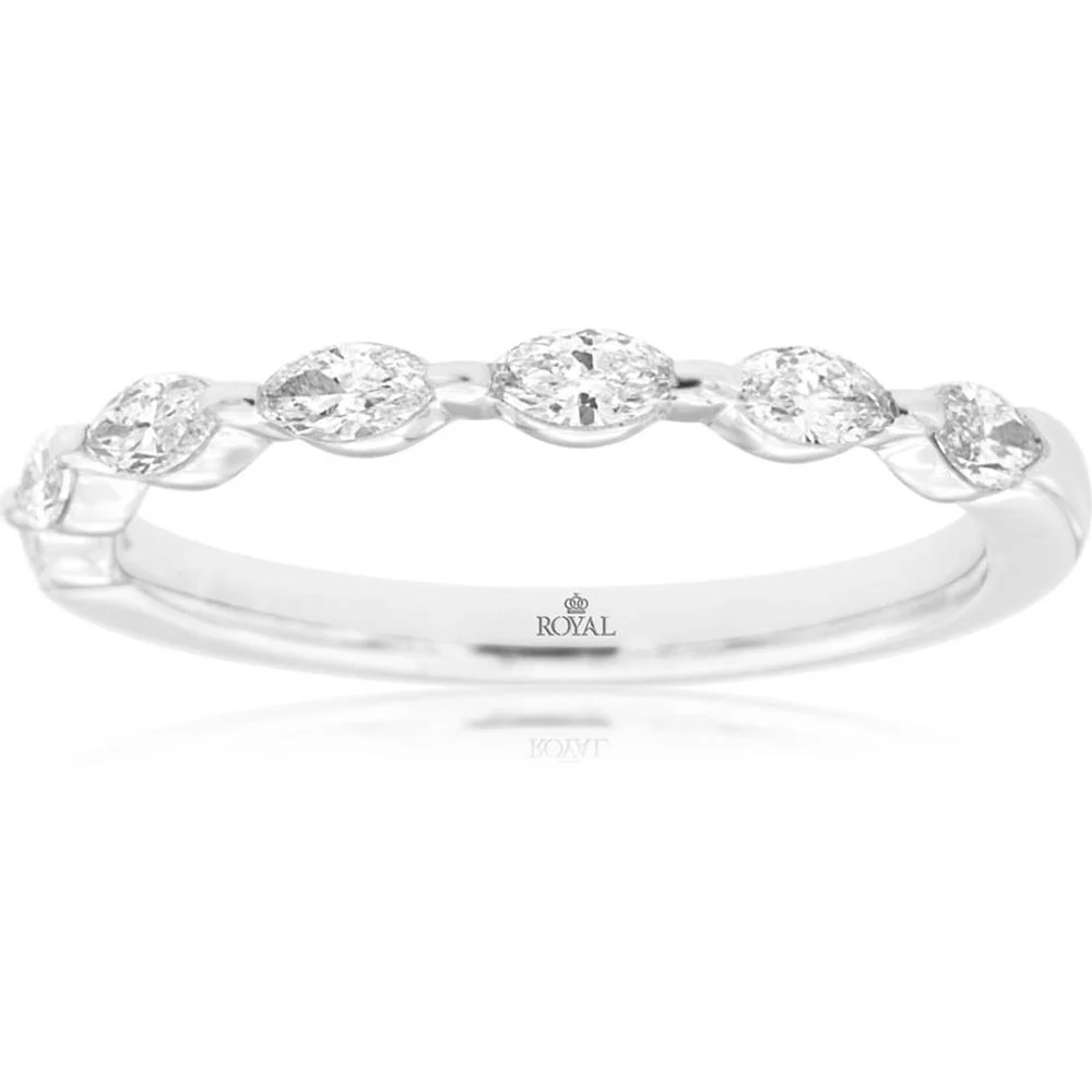 14K White Gold Wedding Band with Oval Cut Diamonds - 0.42 Carat Total Diamond Weight - Royal Jewelry