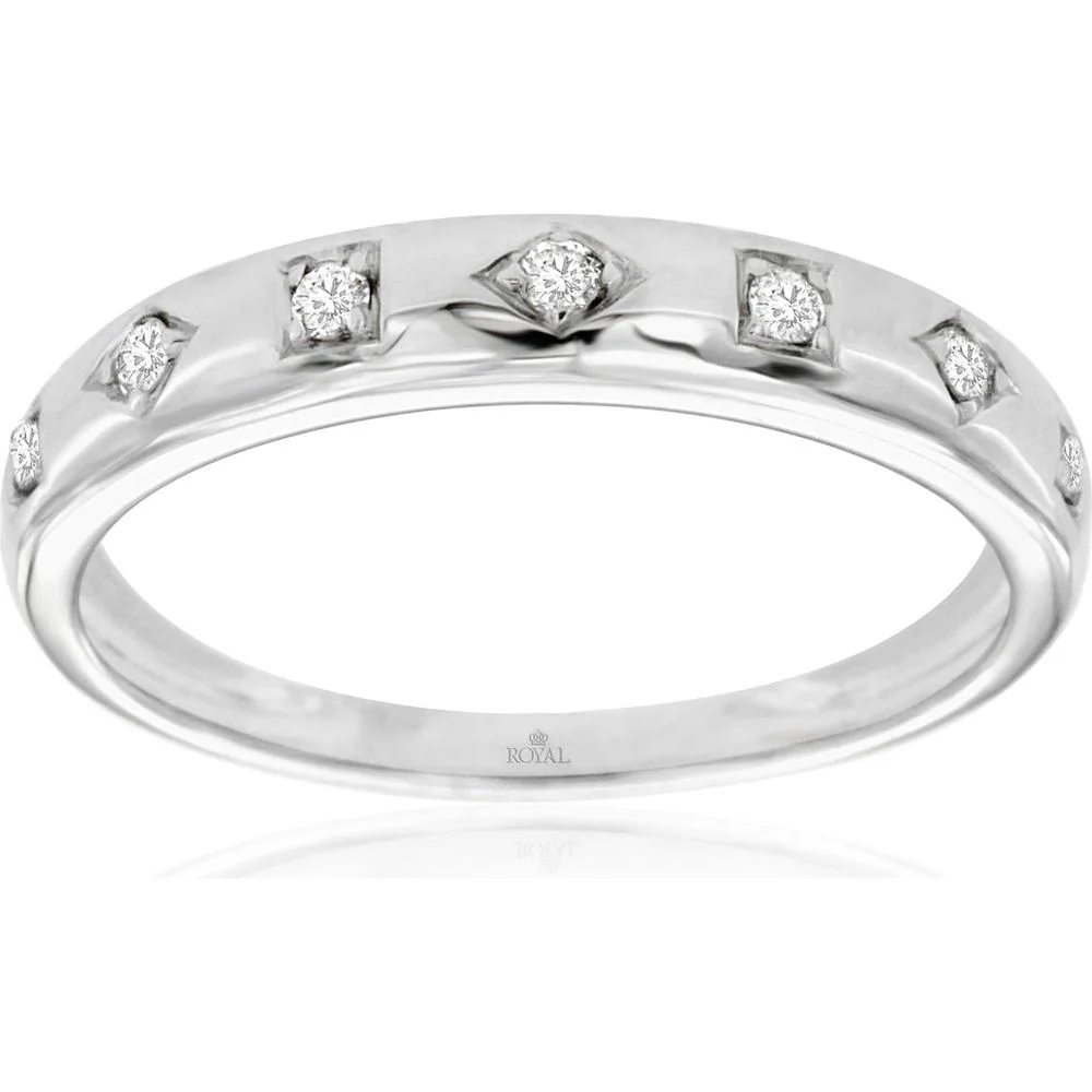 14K White Gold Wedding Band with Round Diamonds - 0.10 Carat Total Diamond Weight - Royal Jewelry