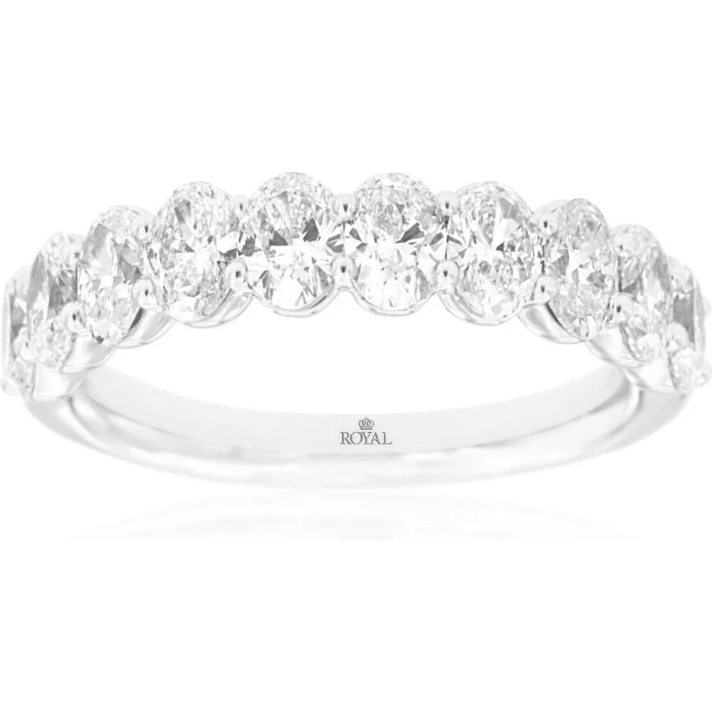 14K White Gold Wedding Band with Shared-Prong Set Oval Diamonds - 1.90 Carat Total Diamond Weight - Royal Jewelry