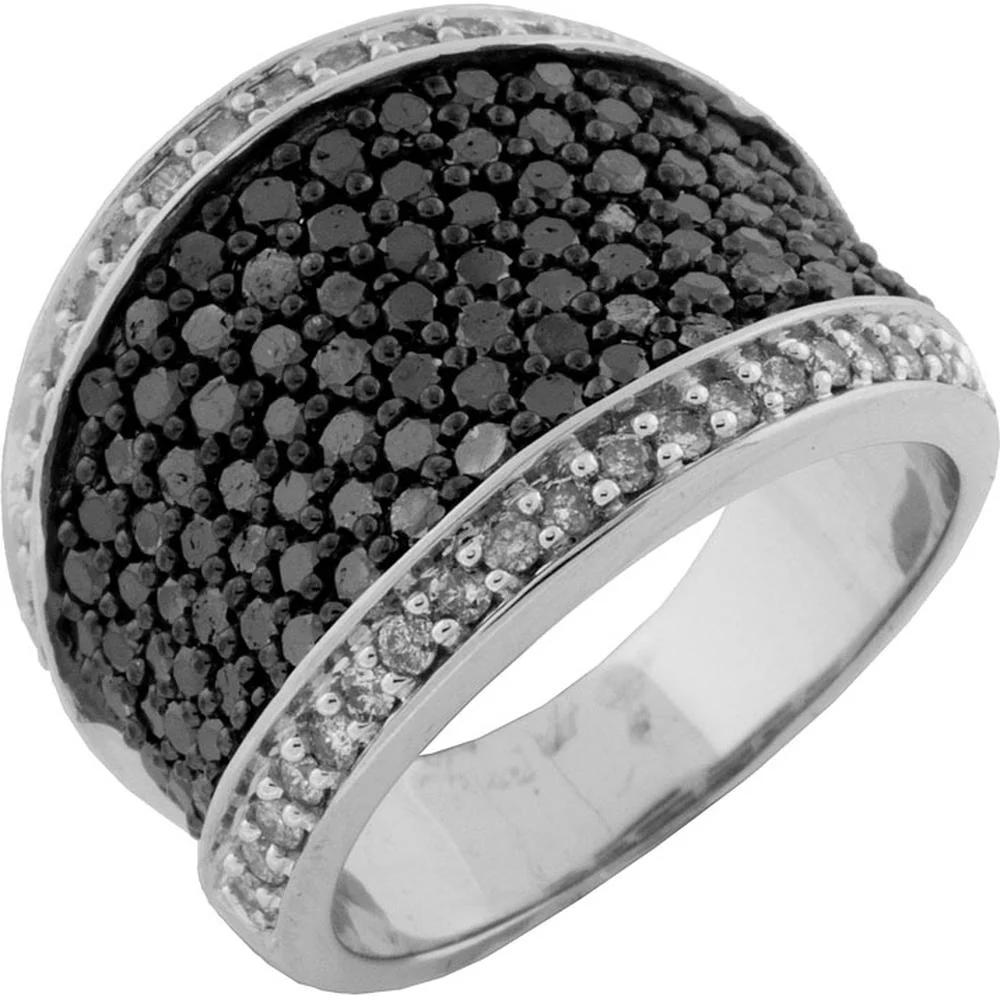 14K White Gold Wide Contemporary Ring with Round Black Diamonds and Round White Diamonds - 2.00 Carat Total Diamond Weight - Royal Jewelry