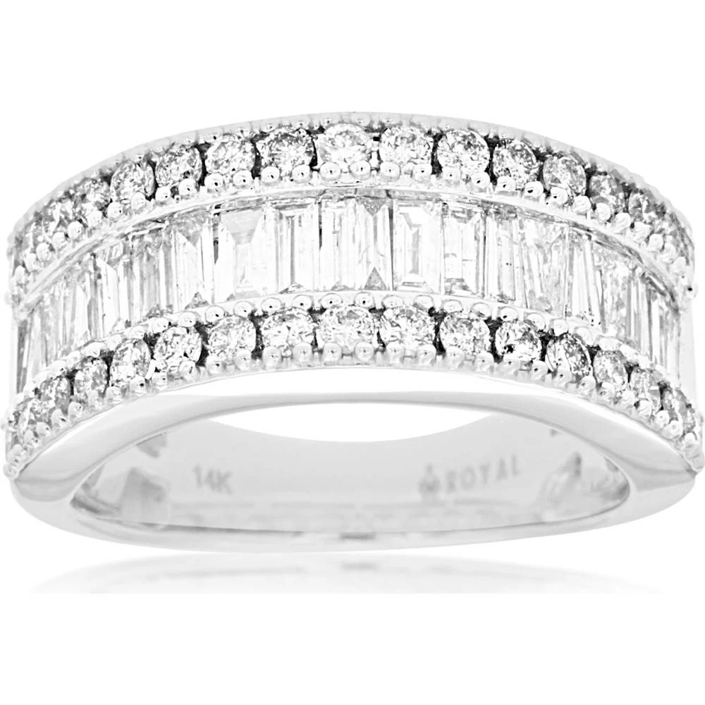 14K White Gold Wide Diamond Wedding Band with Baguette and Round Diamonds - 1.50 Carat Total Diamond Weight - Royal Jewelry