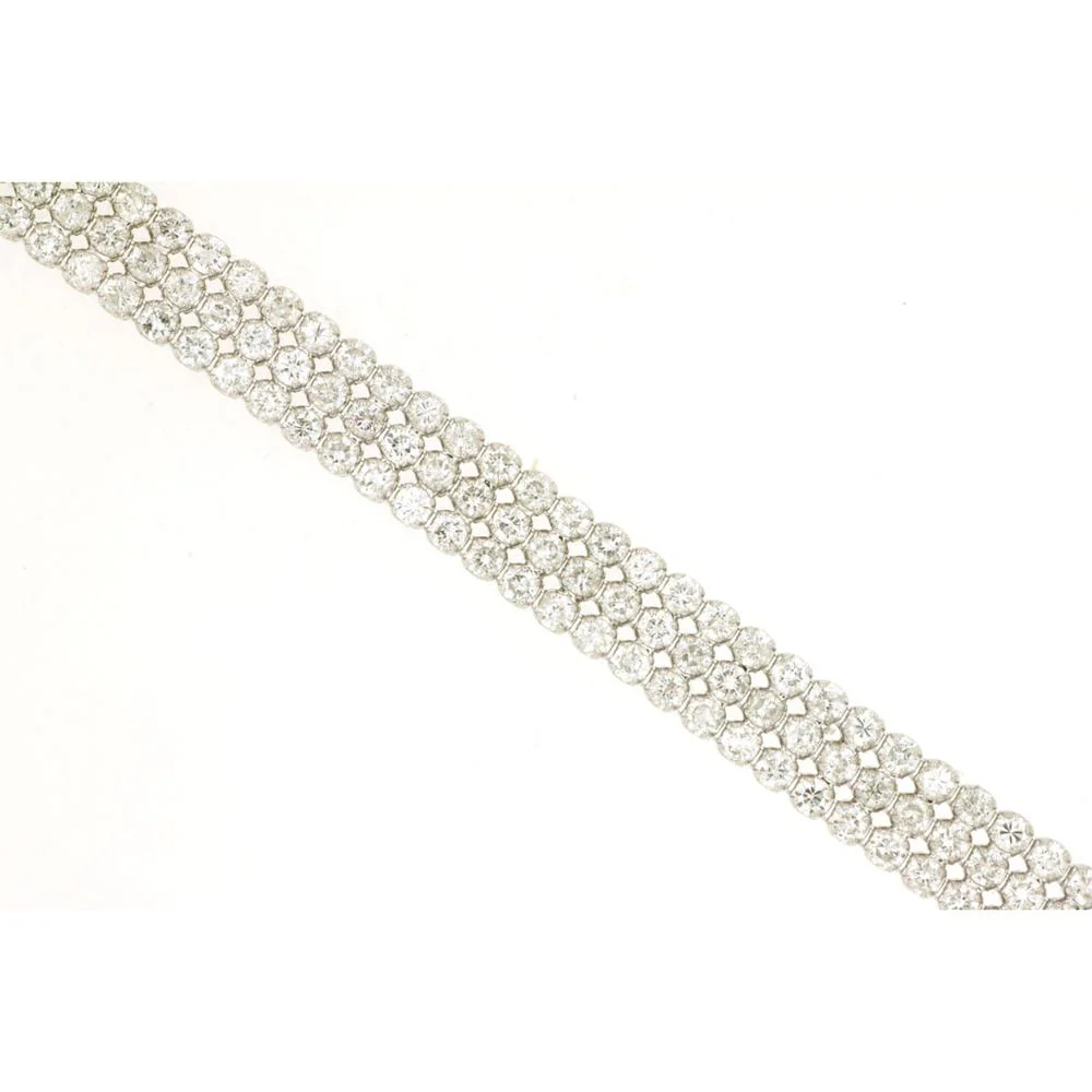 14K White Gold Wide Multi-Row Diamond Bracelet with Round Brilliant Cut Stones - 4.00 Carat Total Diamond Weight - Royal Jewelry