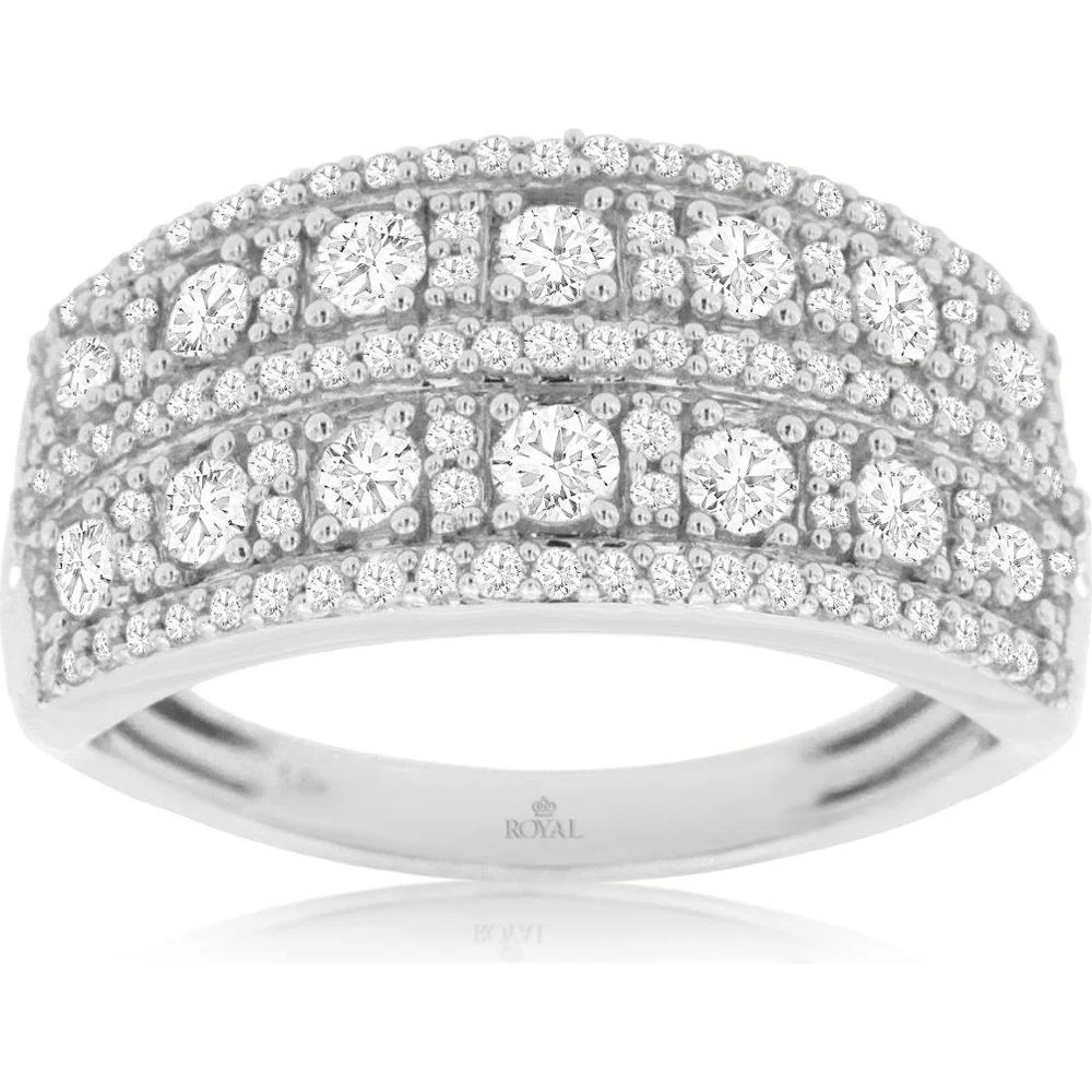 14K White Gold Wide Multi-Row Diamond Wedding Band with Round Diamonds - 1.00 Carat Total Diamond Weight - Royal Jewelry