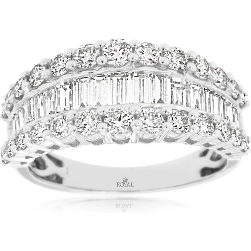 14K White Gold Wide Wedding Band with Baguette and Round Diamonds - 2.06 Carat Total Diamond Weight - Royal Jewelry