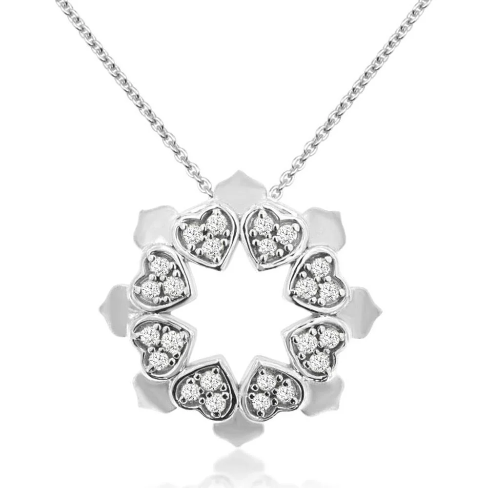 14K White Gold Wreath Pendant Necklace with Heart-Shaped Motifs and 0.10 Carat Round Diamonds - Royal Jewelry