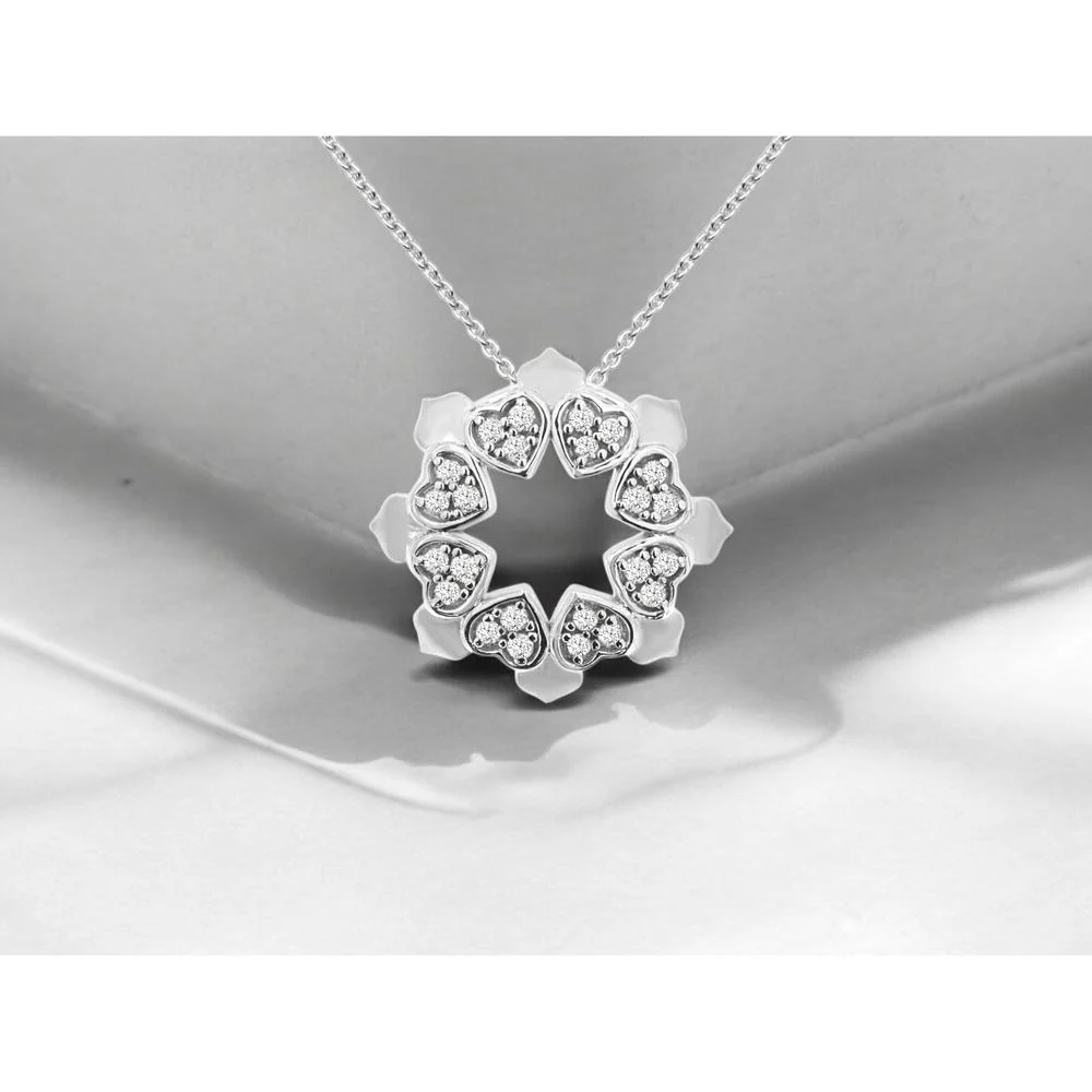14K White Gold Wreath Pendant Necklace with Heart-Shaped Motifs and 0.10 Carat Round Diamonds - Royal Jewelry - Image 2