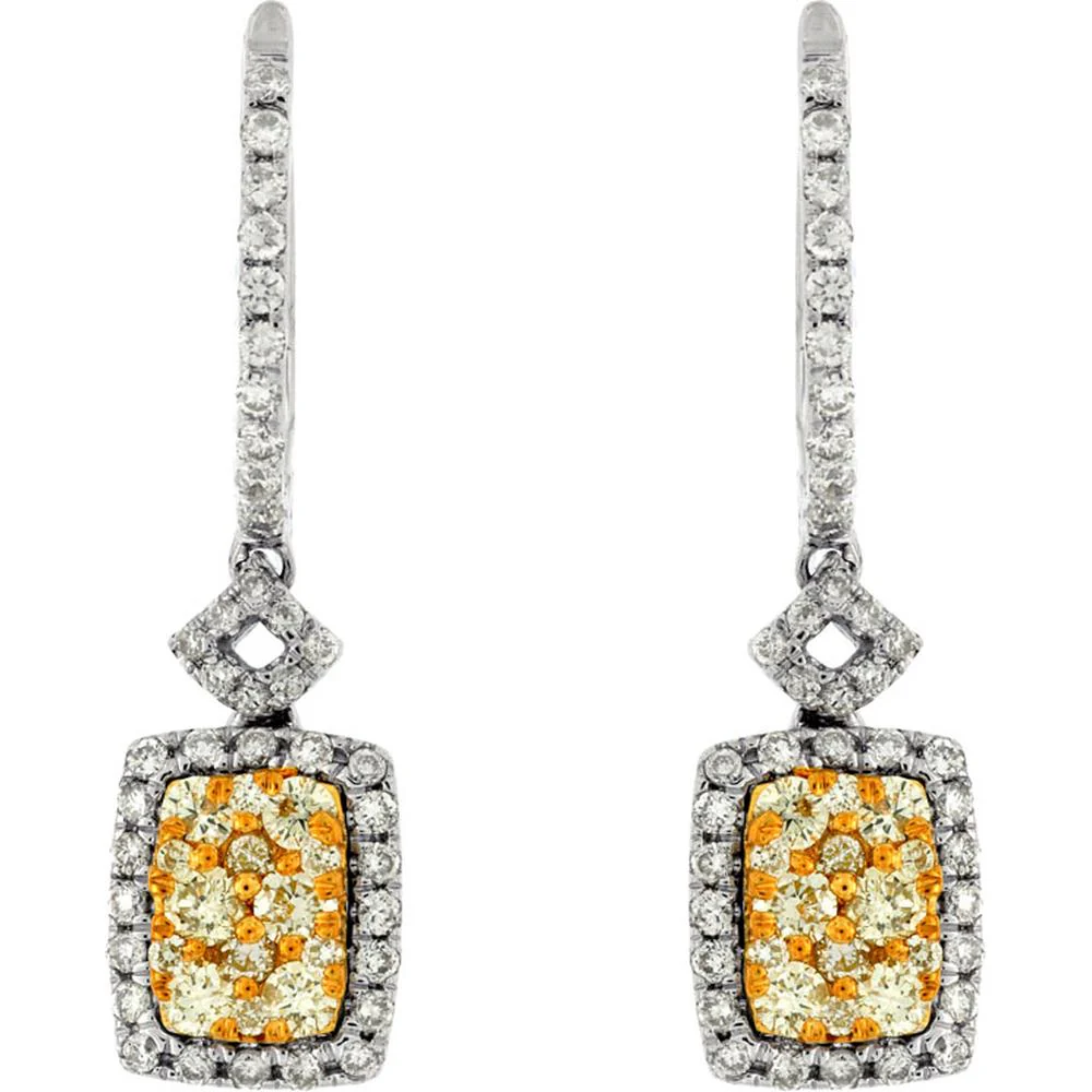 14K White Gold Yellow and White Diamond Drop Earrings with Cushion-Cut Yellow Diamonds - 0.98 Carats Total Diamond Weight - Royal Jewelry