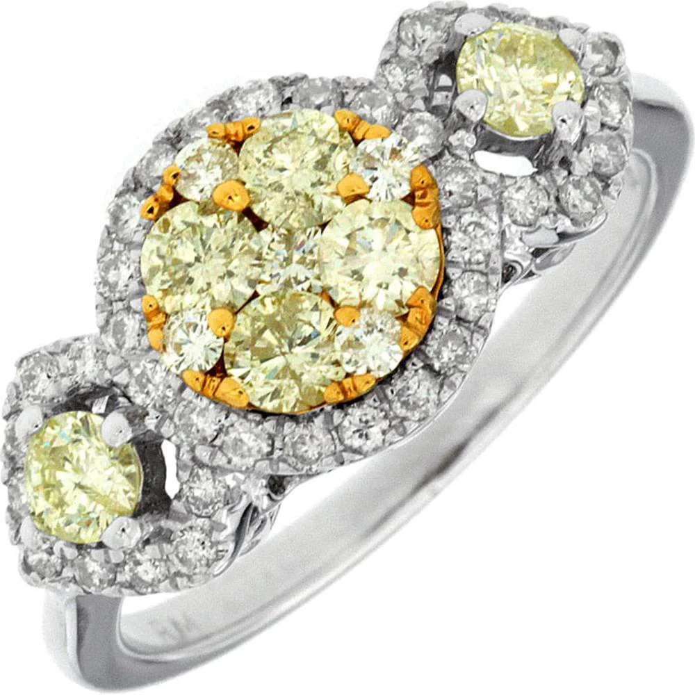 14K White Gold Yellow and White Diamond Halo Ring - 1.10 Carats Total Diamond Weight - Royal Jewelry