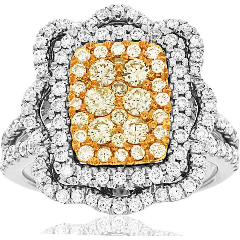 14K White Gold Yellow and White Diamond Halo Ring - 1.40 Carats Total Diamond Weight - Royal Jewelry