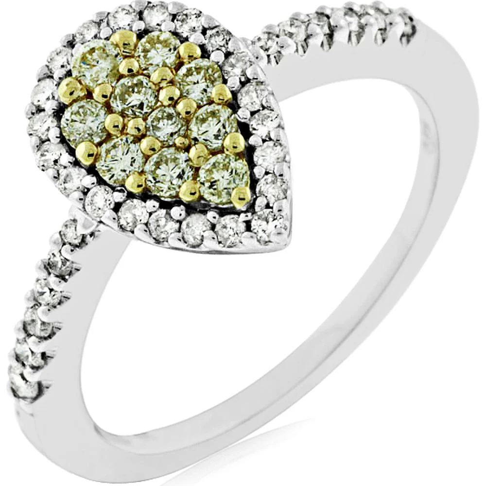 14K White Gold Yellow & White Diamond Halo Teardrop Ring - 0.54 Carats Total Diamond Weight - Royal Jewelry