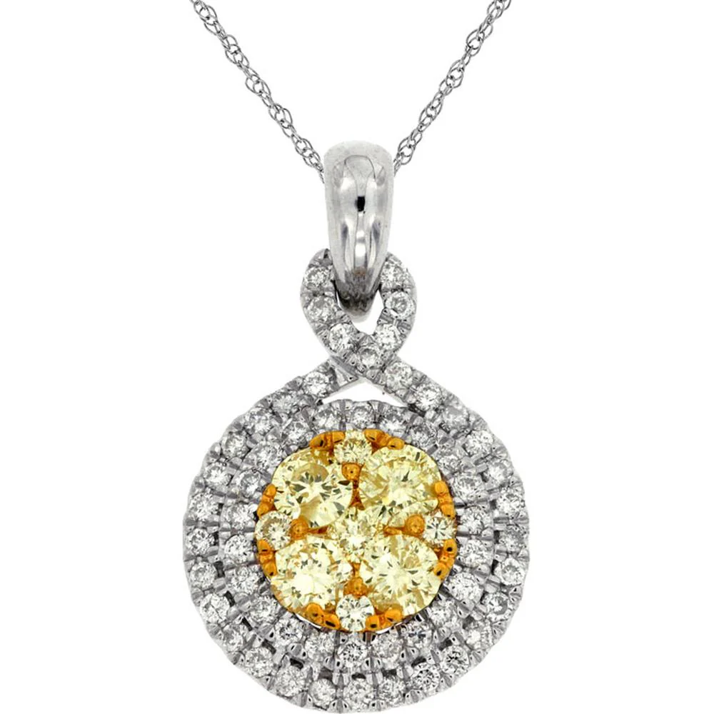 14K White Gold Yellow & White Diamond Pendant with Halo - 0.95 Carats Total Diamond Weight - Royal Jewelry