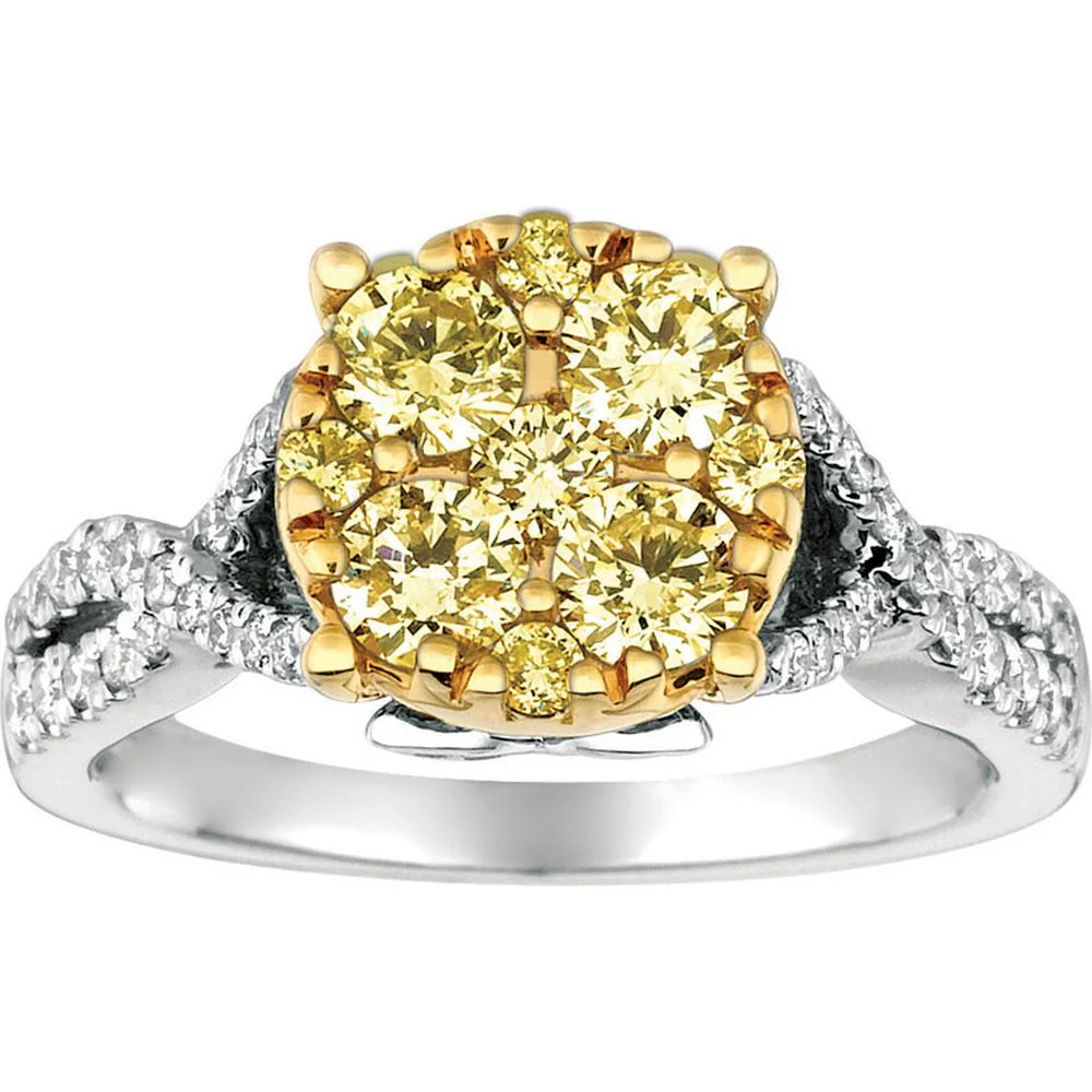 14K White Gold Yellow Diamond & Diamond Cluster Ring - 1.55 Carats Total Diamond Weight - Royal Jewelry