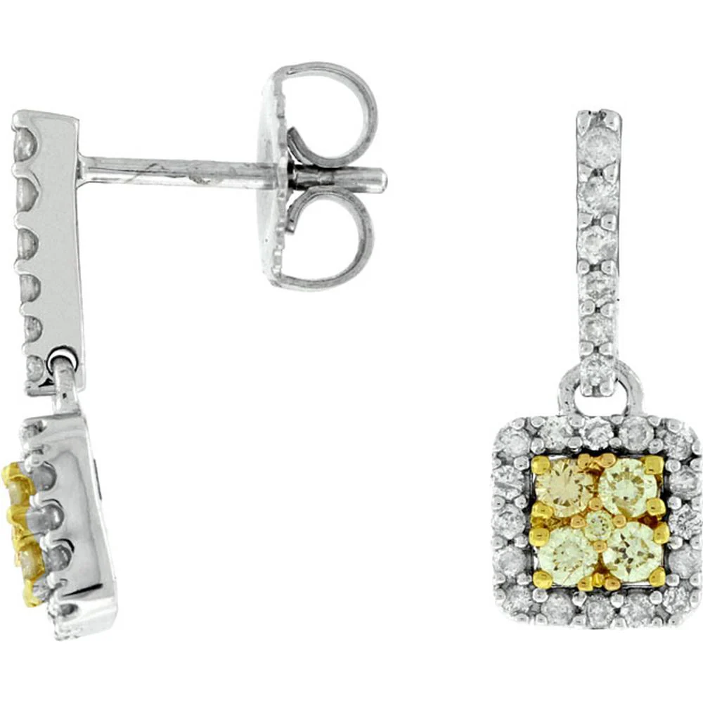 14K White Gold Yellow Diamond & Diamond Drop Earrings - 0.48 Carats Total Diamond Weight - Royal Jewelry