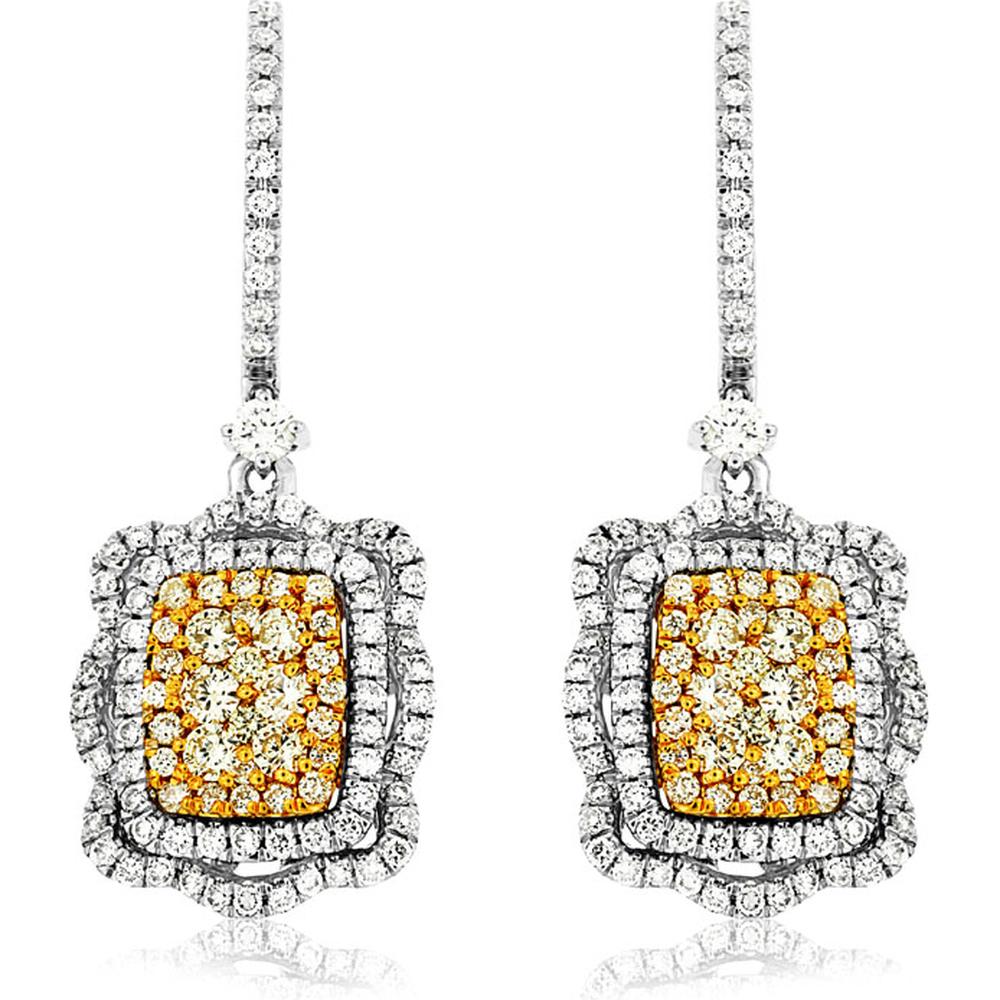 14K White Gold Yellow Diamond & Diamond Drop Earrings - 1.72 Carats Total Diamond Weight - Royal Jewelry