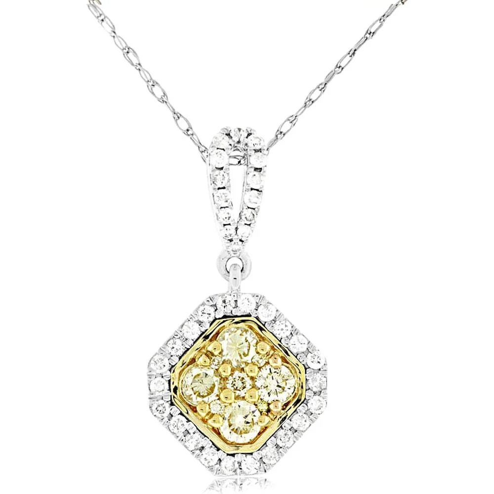 14K White Gold Yellow Diamond & Diamond Halo Pendant - 0.65 Carats Total Diamond Weight - Royal Jewelry
