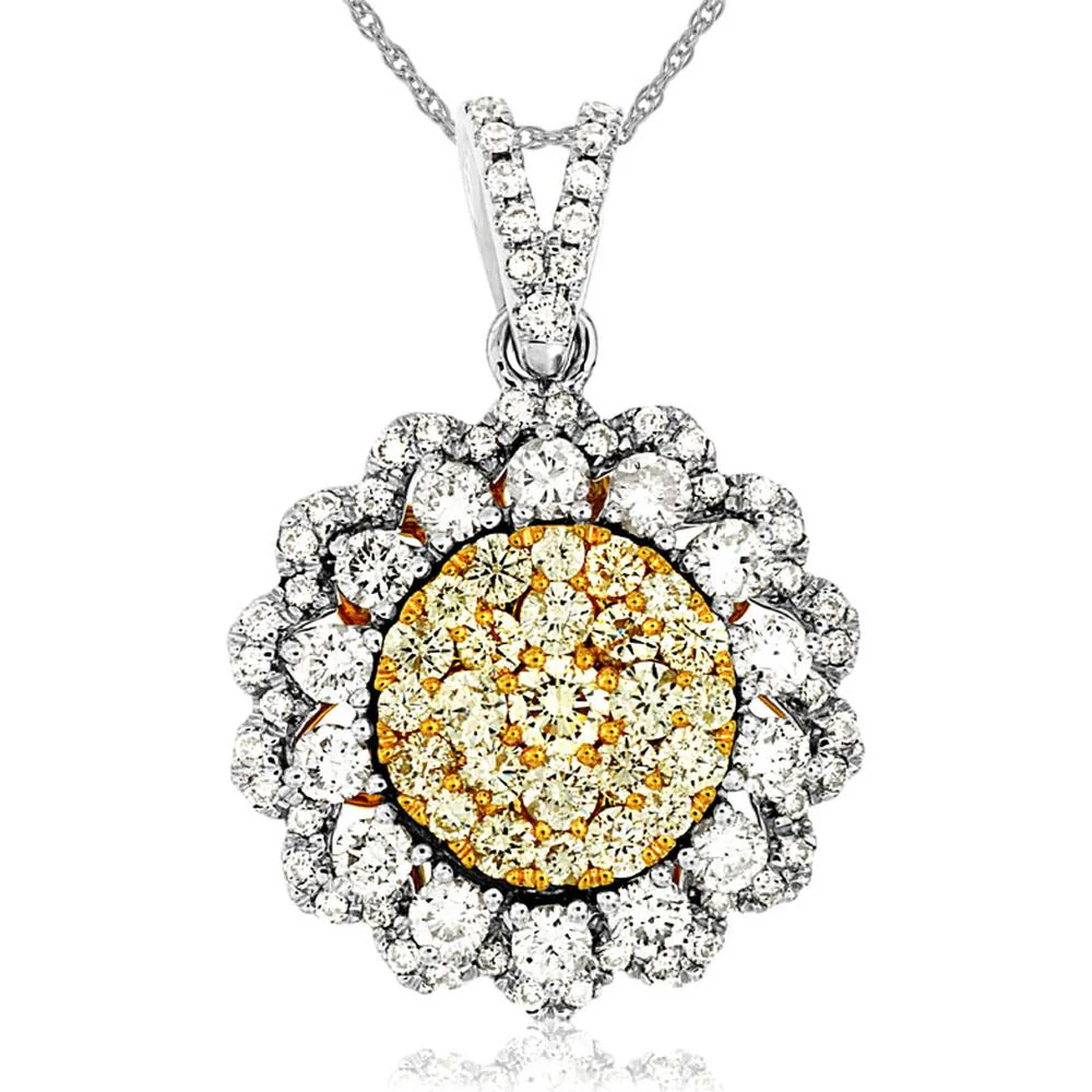 14K White Gold Yellow Diamond & Diamond Halo Pendant - 1.94 Carats Total Diamond Weight - Royal Jewelry