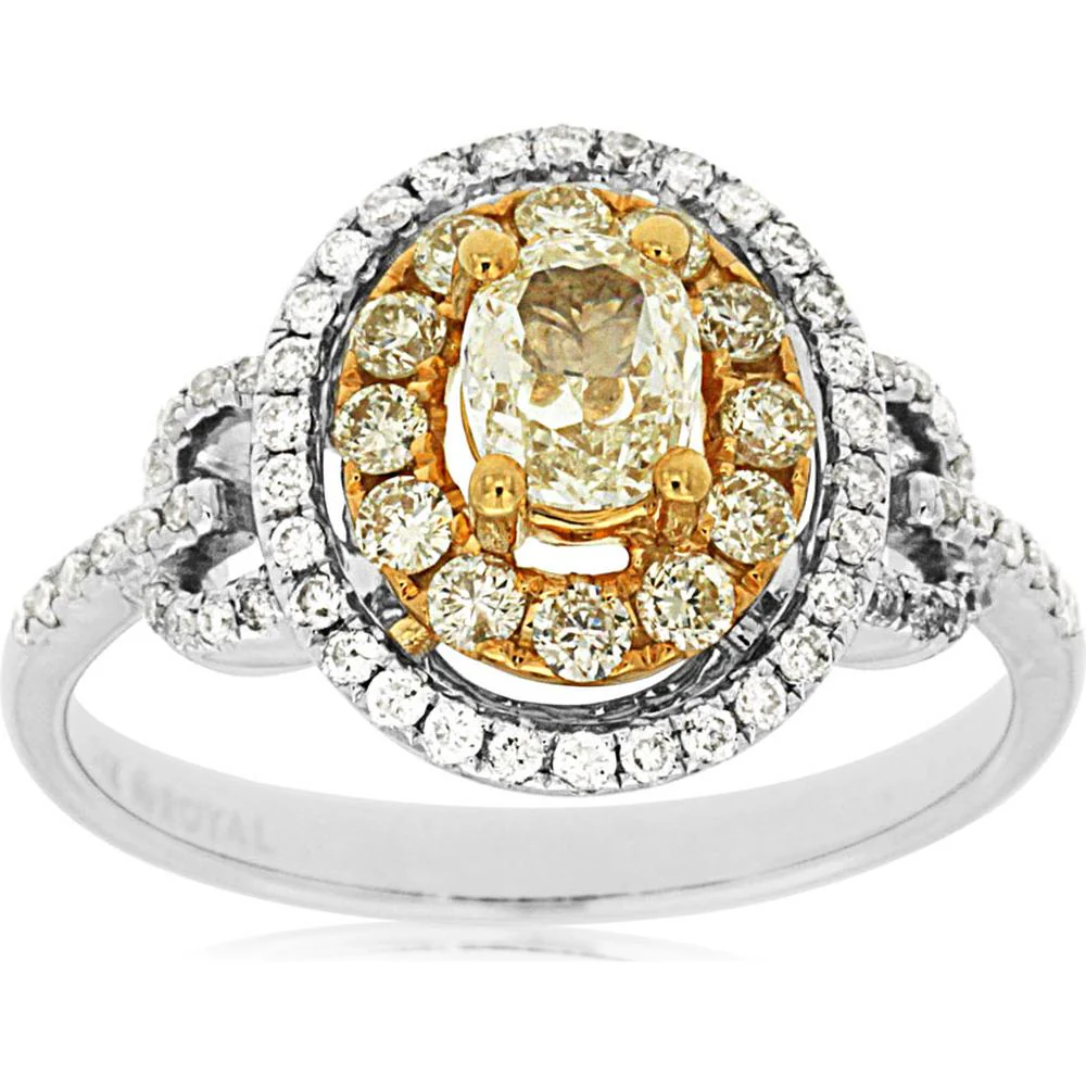 14K White Gold Yellow Diamond and Diamond Halo Ring - 0.56 Carats Total Diamond Weight - Royal Jewelry