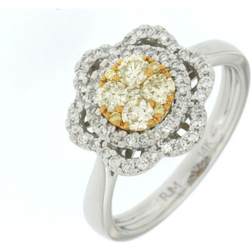 14K White Gold Yellow Diamond and Diamond Halo Ring - 0.61 Carats Total Diamond Weight - Royal Jewelry