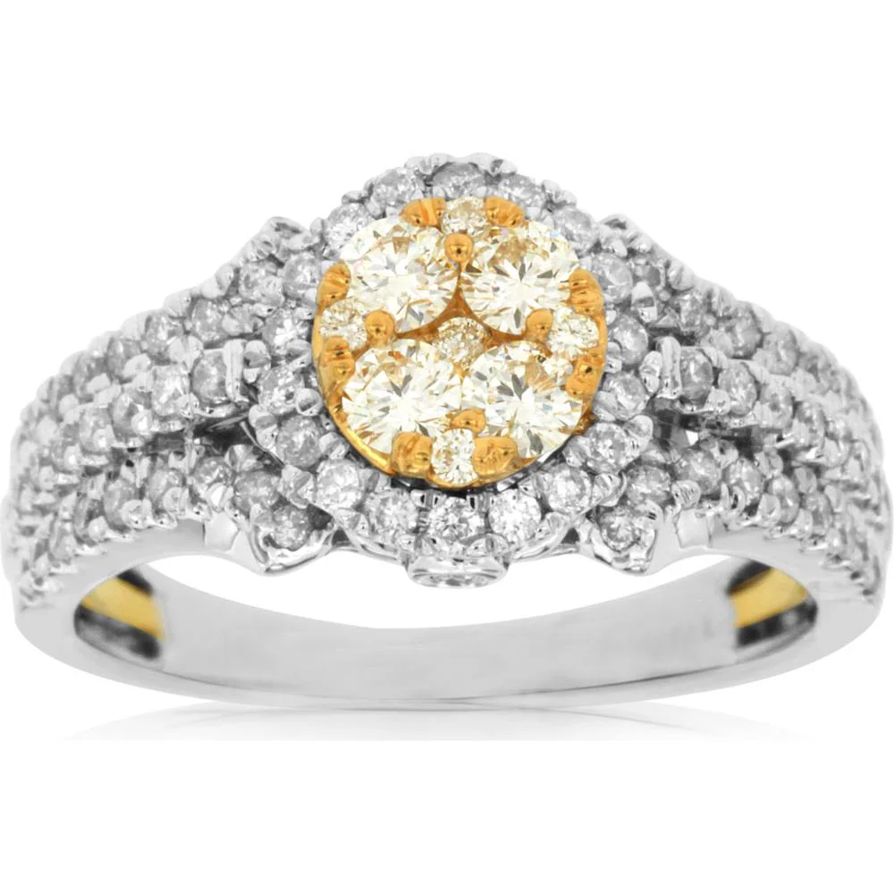 14K White Gold Yellow Diamond & Diamond Halo Ring - 0.91 Carats Total Diamond Weight - Royal Jewelry