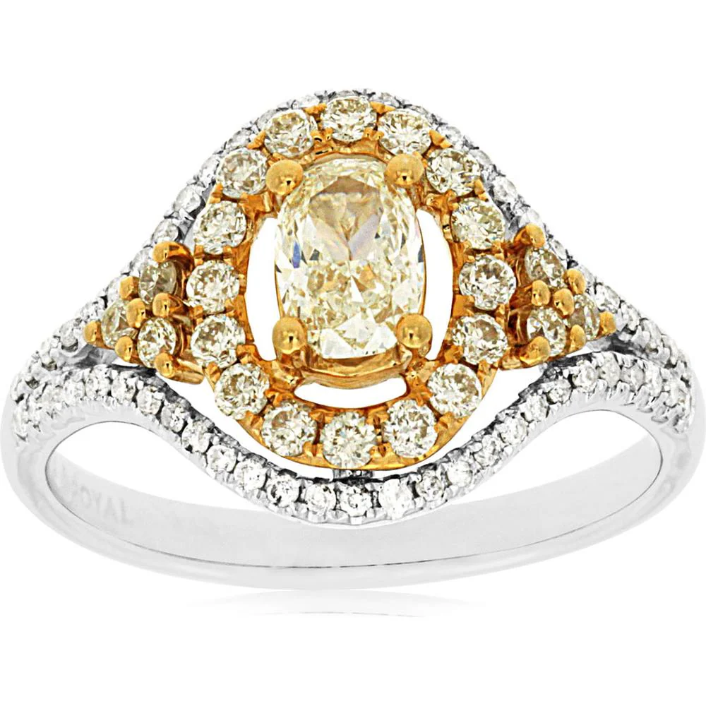 14K White Gold Yellow Diamond & Diamond Halo Ring - 0.92 Carats Total Diamond Weight - Royal Jewelry