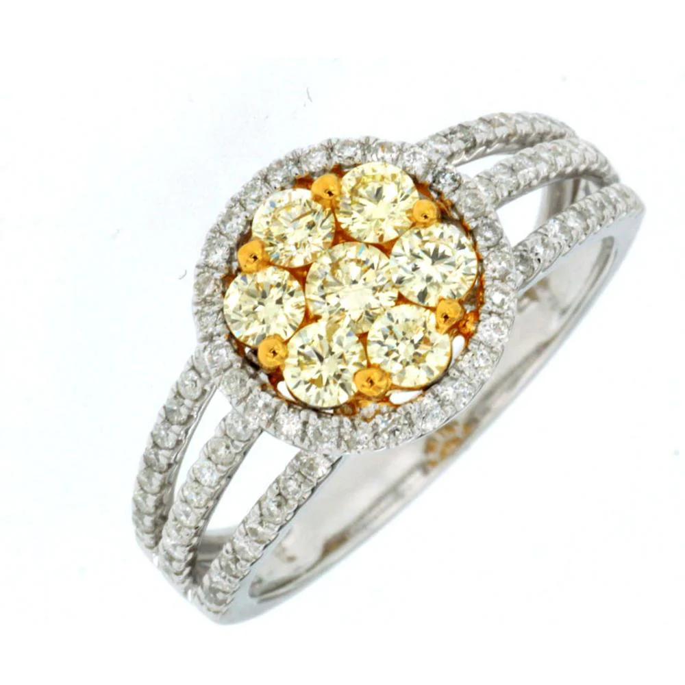 14K White Gold Yellow Diamond and Diamond Halo Ring - 1.00 Carat Total Diamond Weight - Royal Jewelry