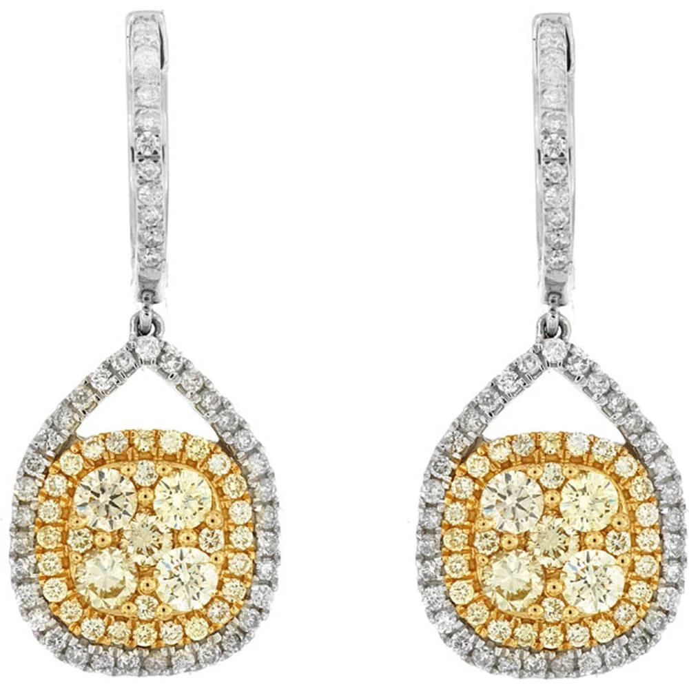 14K White Gold Yellow Diamond and Diamond Teardrop Earrings - 1.82 Carats Total Diamond Weight - Royal Jewelry