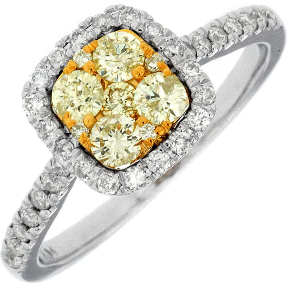 14K White Gold Yellow Diamond and White Diamond Cluster Ring with Halo Setting - 0.67 Total Carat Weight (0.39 Carat Yellow Diamonds, 0.28 Carat White Diamonds) - Royal Jewelry