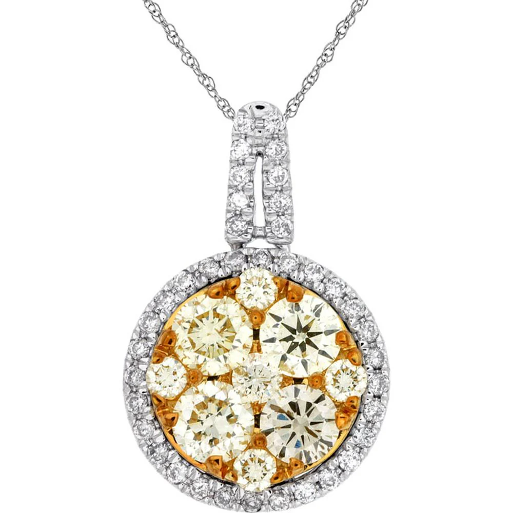14K White Gold Yellow Diamond Cluster Pendant with Diamond Halo - 1.60 Carat Yellow Diamond and 0.22 Carat White Diamond Total Weight - Royal Jewelry