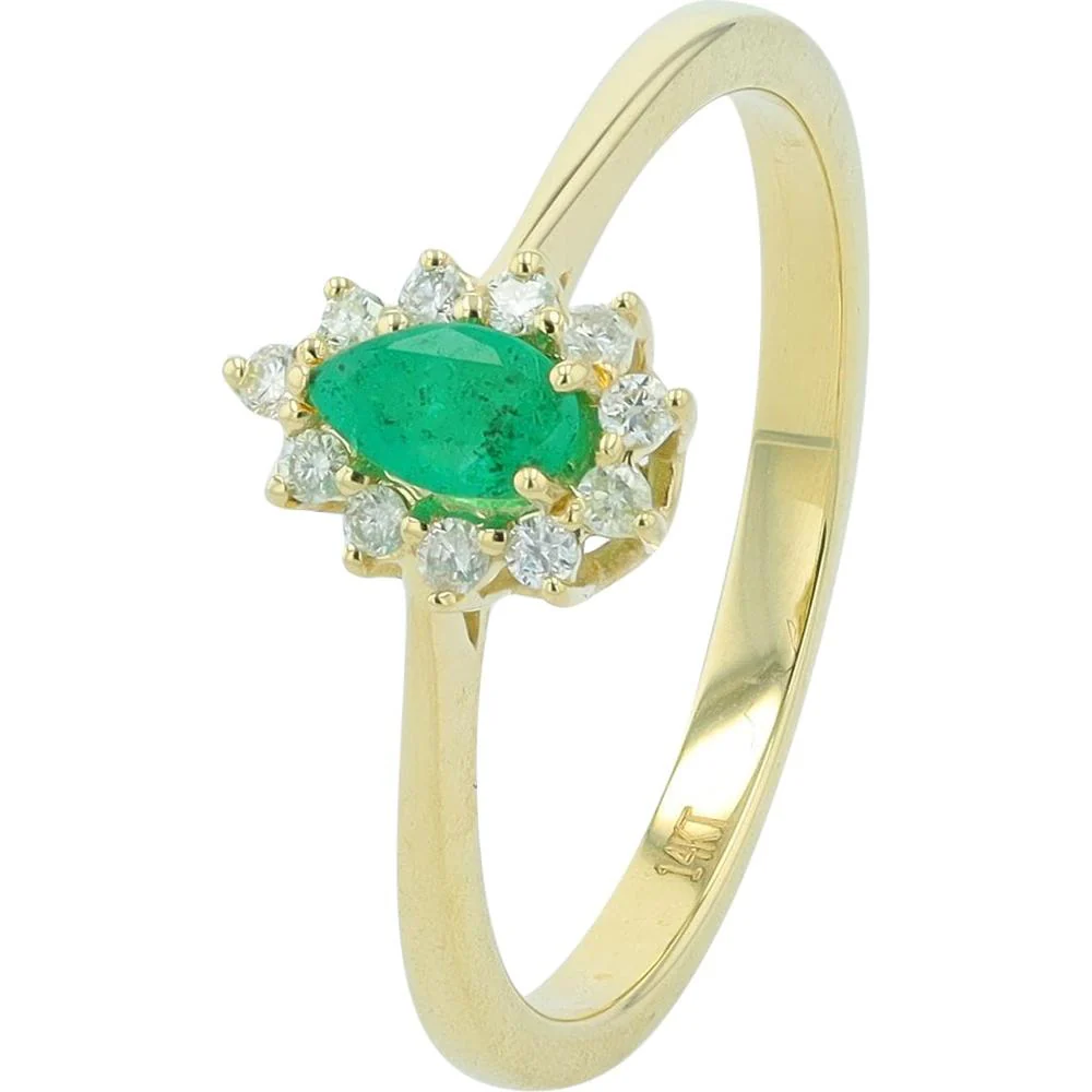 14K Yellow Gold 0.20 Carat Pear - Shaped Emerald Ring with Diamond Halo - 0.10 Carat Total Diamond Weight