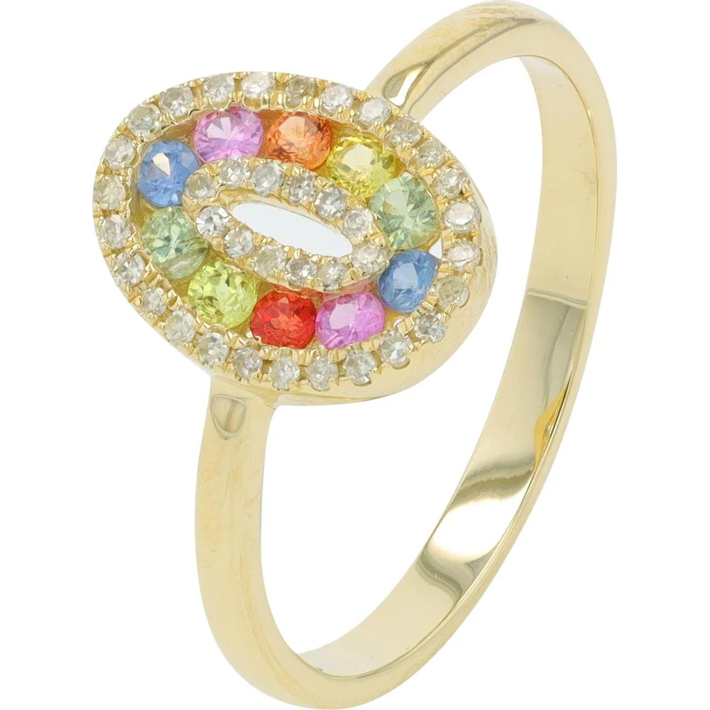 14K Yellow Gold 0.32 Carat Multi Sapphire Ring with 0.12 Carat Diamond Halo
