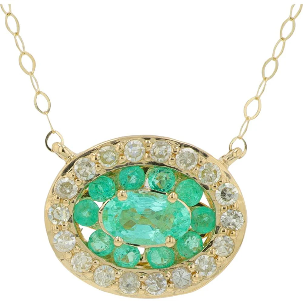 14K Yellow Gold 0.50 Carat Emerald Necklace with Diamond Halo - 0.17 Carat Total Diamond Weight