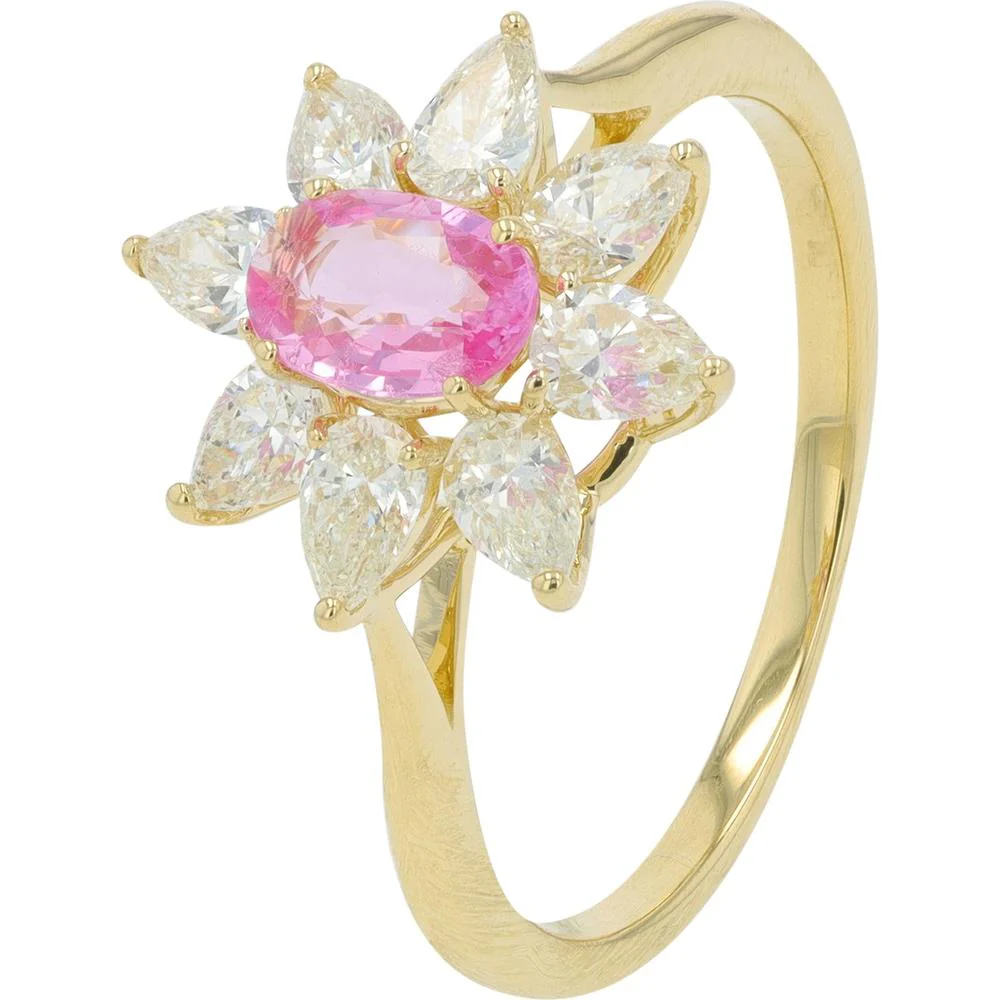 14K Yellow Gold 0.50 Carat Pink Sapphire Flower Ring with 0.90 Carat Total Diamond Weight