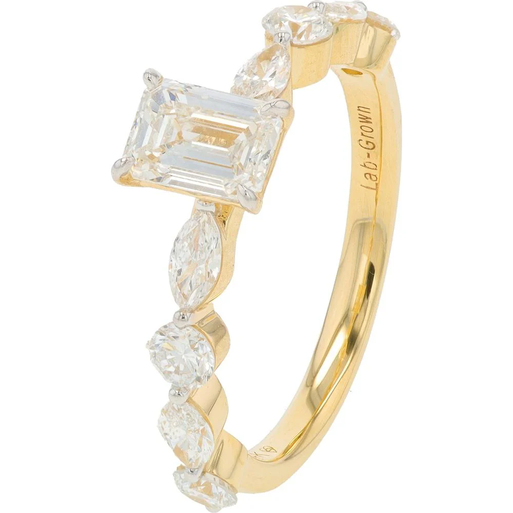 14K Yellow Gold 0.75 Carat Emerald Cut Lab Grown Diamond Engagement Ring - 1.50 Carat Total Diamond Weight