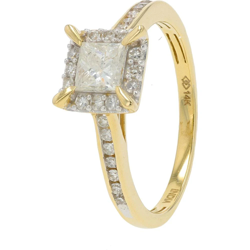 14K Yellow Gold 0.75 Carat Princess Cut Halo Diamond Ring with Total Diamond Weight of 0.75 Carat