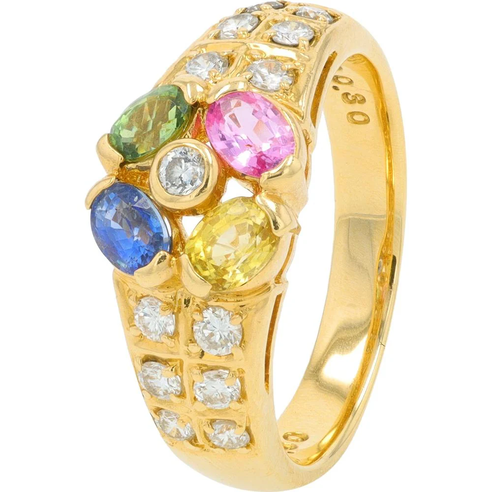 14K Yellow Gold 0.90 Carat Multi Sapphire Ring with 0.30 Carat Diamond Accents