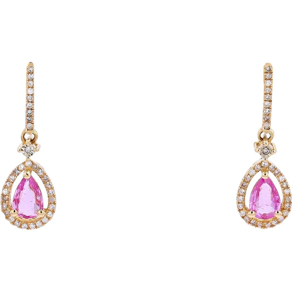 14K Yellow Gold 0.95 Carat Pink Sapphire Drop Earrings with Diamond Halo - 0.20 Carat Total Diamond Weight