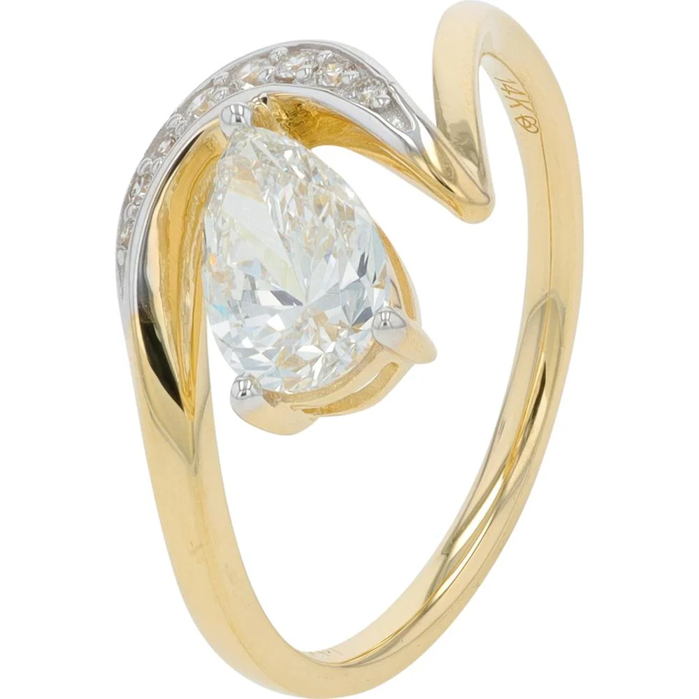 14K Yellow Gold 1.00 Carat Lab Grown Pear Diamond Ring with Accent Diamonds